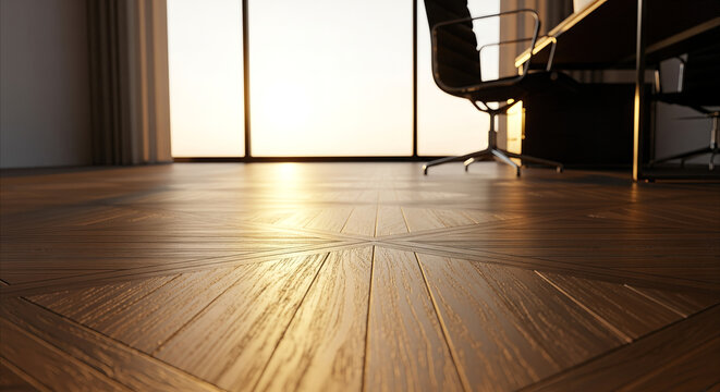 Close-up of modern office parquet flooring with rich wood grain and warm golden hour light, offering expansive copy space for branding.