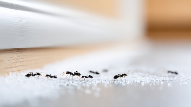 Macro ground-level photo of black ants approaching an open container of sugar on a wooden floor near a white wall
