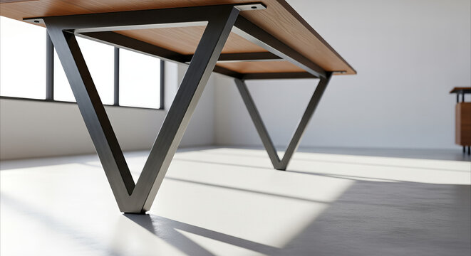 Modern minimalist office table with sleek metal legs and warm wood top, captured in a low-angle shot with natural light and soft shadows.