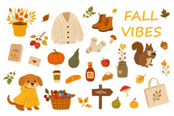 Autumn themed elements set with leaves pumpkins acorns cozy seasonal collection © INVITO ARTE