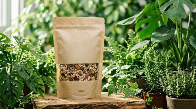 Bag of natural granola surrounded by green foliage, healthy snack product scene, organic lifestyle concept with fresh botanical context, clean commercial presentation for packaging or wellness themes,
