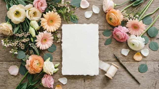 Overhead view of a blank handmade deckle edge card on a table with lisianthus, gerbera & ranunculus flowers in sunlight, elegant stationery mockup for wedding, invitation, greeting or branding with