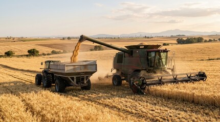 Fototapeta premium Agricultural machinery processing grain in Guadalajara, efficient farming scene for agribusiness branding, harvest campaigns and rural industry storytelling, industrial equipment with crop flow and