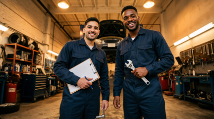 Fototapeta premium Diverse auto mechanics smiling at camera in repair shop. Caucasian man holding clipboard and Black man holding wrench standing in garage with car on lift. Automotive service and maintenance teamwork