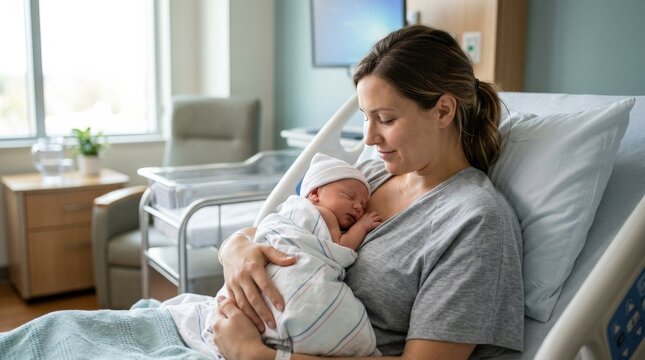Newborn resting peacefully with mother in a hospital, tender family bond, maternity care, early life, calm medical environment soft natural light, authentic expression, realistic detail, premium stock