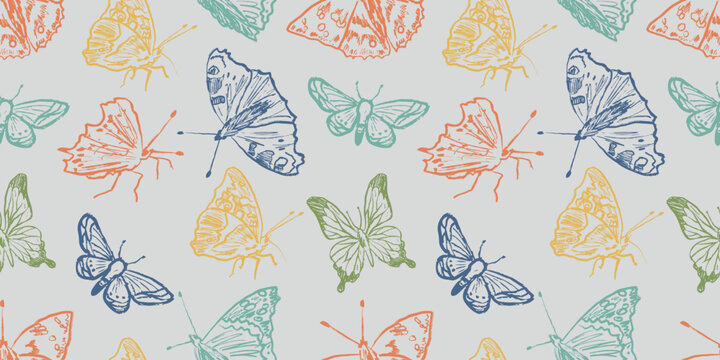 Seamless colorful pattern with hand-drawn butterflies. Repeatable banner for textiles, nursery decor, and stationery. Hand drawn vector sketch illustration in vintage doodle crayon charcoal style