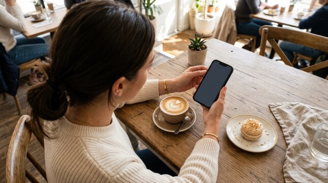 Overhead view of a woman in a cafe with cappuccino & a vanilla coconut macaron holding a mobile phone with a blank screen, modern lifestyle mockup for communication, social media, leisure & coffee