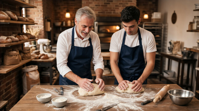 Two male bakers kneading dough on a wooden table in a rustic bakery. Older and younger men working together making bread. Artisanal family business concept