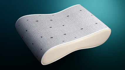 Premium product shot of a contoured ergonomic pillow with soft gray fabric and subtle geometric pattern. Clean teal backdrop highlights comfort, wellness, and modern design, ideal for skincare, spa © Ганна Маймула
