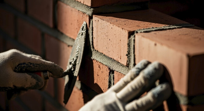 Man bricklayer holding metal trowel applies mortar to red brick wall. Experienced bricklayer precisely levels cement between clay units, constructing durable masonry.