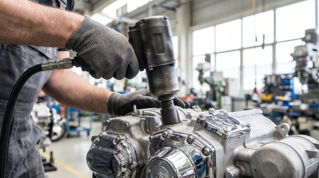 Mechanic using a pneumatic impact wrench on an engine block in a workshop