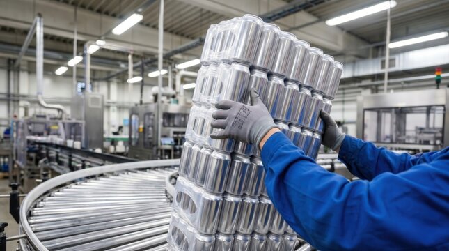 Factory worker lifting a large shrink wrapped pack of empty aluminum cans