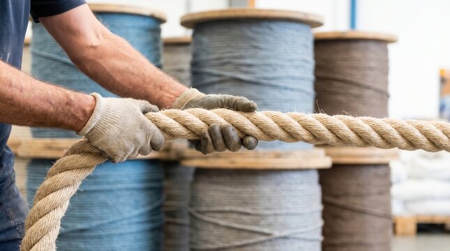 Worker wearing gloves pulling heavily on a thick natural fiber rope in a warehouse