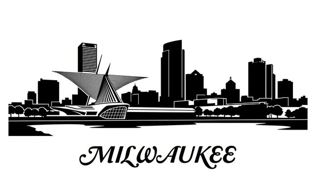 Silhouette skyline of Milwaukee with art museum-inspired structure and lakefront skyline. No people. Clean design. Bottom: "Milwaukee" script.