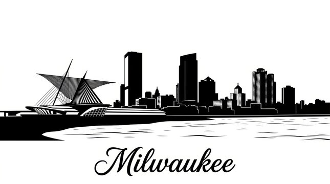 Silhouette skyline of Milwaukee with art museum-inspired structure and lakefront skyline. No people. Clean design. Bottom: "Milwaukee" script.