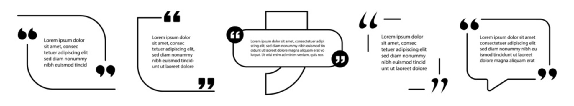 Modern Quote Frames Template. Minimal outline Speech Bubble Quotes Set, Creative Geometric Line of communication Texting Frames.  Vector illustration