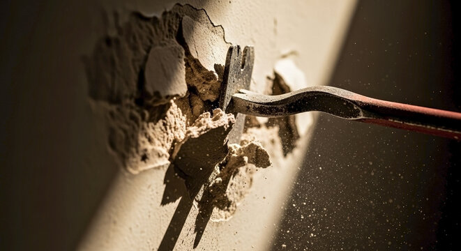 Hand tool breaking wall with impact, creating damage and plaster fragments. Sturdy crowbar generates concrete dust, symbolizing active demolition and home improvement.