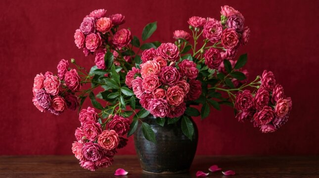 Polyantha rose flowers on a vivid red background, bold floral still life with rich petals and dramatic monochrome contrast, ideal for romance, beauty and botanical design themes, soft controlled