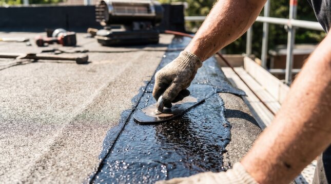 Roofer applying hot black liquid tar to a flat roof with a trowel tool