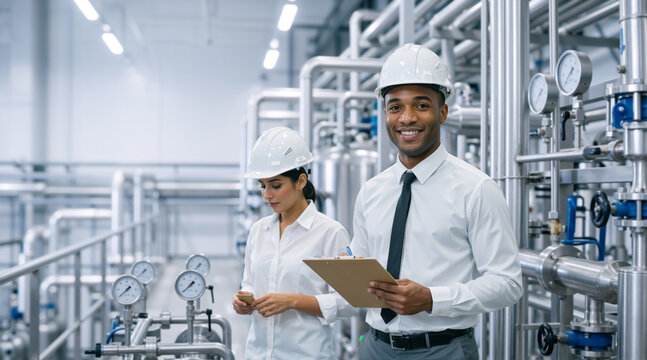 Smiling Black male engineer with clipboard and female colleague with smartphone in industrial plant. Portrait of factory managers wearing white hardhats standing among stainless steel pipes and gauges