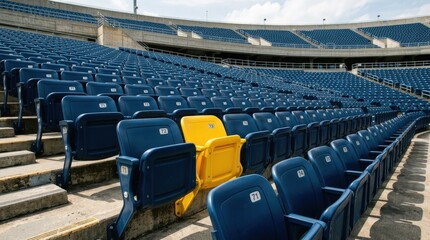 Naklejka premium Bright yellow stadium seat standing out among blue chairs in isolation, strong visual contrast for uniqueness, choice and leadership themes in a sports venue setting, orderly repeating rows, clean