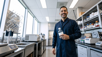 Fototapeta premium Smiling male scientist in navy lab coat holding a sample bottle in a modern laboratory. Professional researcher in a clean scientific workspace. Pharmacy and chemical analysis concept