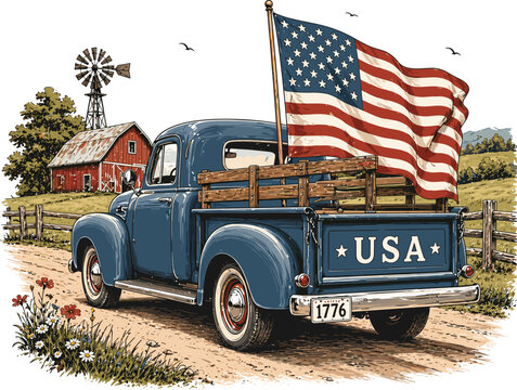 Vintage USA Truck with American Flag 1776 Rural Scene