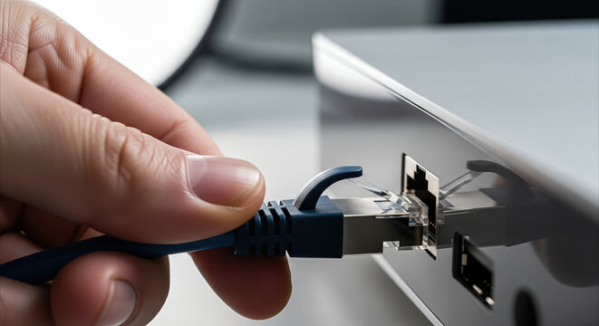 Hand plugging Ethernet cable into modern computer port, close-up for network connection and technology concept
