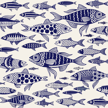 Monochromatic linocut style vector pattern of stylized fish with folk art motifs blue cream