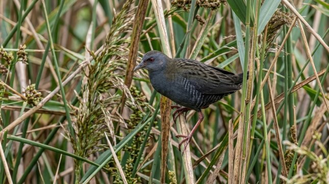 Wild spotless crake perched in dense phragmites reeds, rare wetland bird wildlife scene with detailed plumage in Victoria Australia, commercial stock image, soft studio light, natural expression,