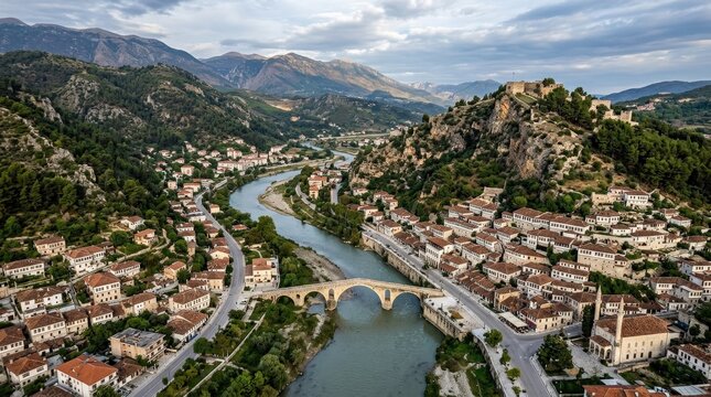 Cityscape with the Osum River flowing through Berat, Albania, scenic aerial urban panorama with historic architecture and river valley, natural light, atmospheric sky, crisp detail, realistic