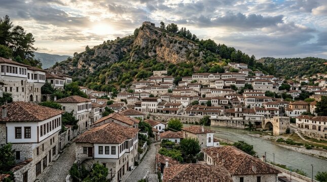 Traditional white Ottoman houses on a hillside in Berat, Albania, full frame architectural texture and historic Balkan town character, commercial stock image, natural light, atmospheric sky, crisp