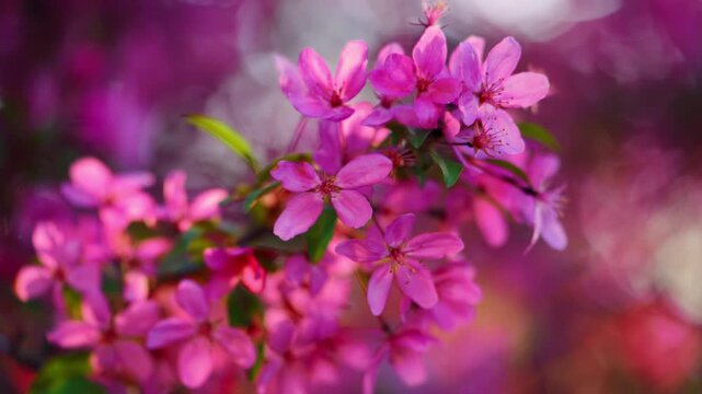 Close up shoot of Pink flowering crabapple tree in full bloom along suburban street. Spring season with vibrant blossoms and residential neighborhood background.