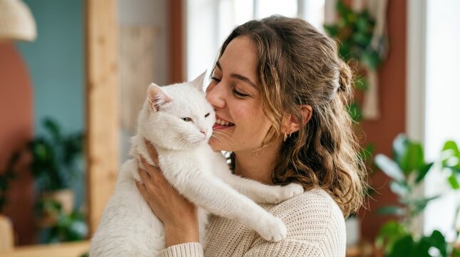 Woman kissing a white cat in a vivid artistic portrait, affectionate pet relationship concept for colorful editorials and animal lifestyle campaigns, playful expression and emotional warmth, clean