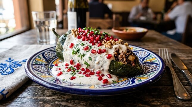 Poblano chile stuffed with meat and topped with creamy walnut sauce and pomegranate seeds, authentic chiles en nogada close food scene, appetizing presentation, natural light, rich texture, realistic