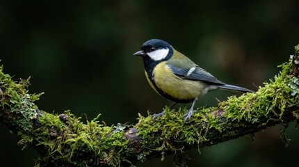 Obraz premium Great tit perched on moss with dark background wildlife, captivating wildlife moment in nature, ideal for stock campaigns, ideal for editorial use, clean commercial composition, premium commercial