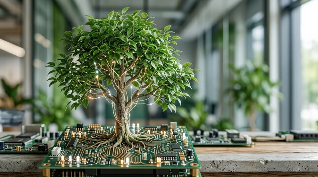 Tree with foliage growing from a circuit board, strong technology and nature fusion concept for sustainability, green innovation and future ecology themes, striking symbolic composition with organic