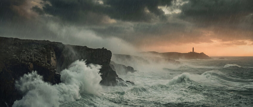 Storm Waves Crashing Against Dark Coastal Cliffs