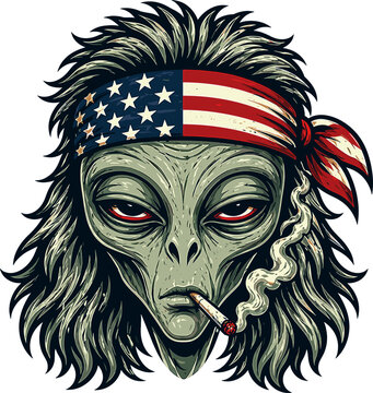 Patriotic Edgy alien wearing an American flag bandana with a rebellious vibe