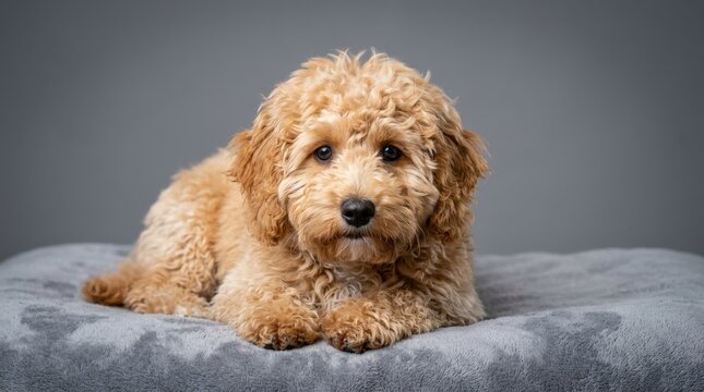 Micro goldendoodle lying down in front of a grey background, adorable pet studio portrait with fluffy fur detail, commercial stock image, soft studio light, natural expression, realistic detail,