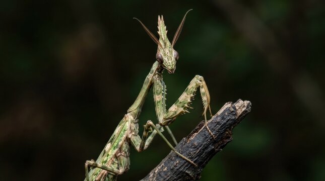 Close up of Empusa pennata mantis on dark background, striking macro detail in natural habitat, ideal for stock campaigns, ideal for editorial use, clean commercial composition, premium commercial