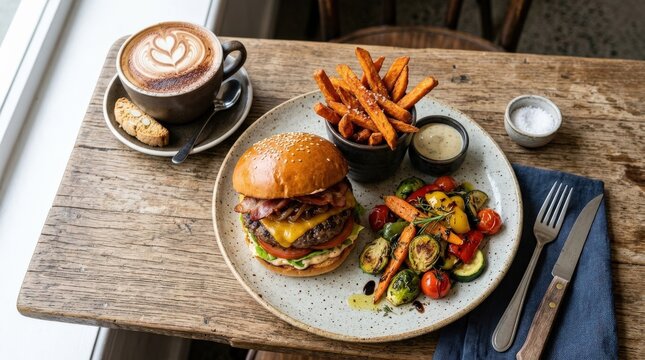 Cappuccino with a gourmet beef cheeseburger, crispy sweet potato fries and mixed roasted vegetables, hearty cafe meal from above, appetizing presentation, natural light, rich texture, realistic food