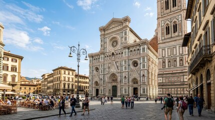 Obraz premium City with famous aged cathedral in sunshine, scenic urban travel view with historic architecture and bright atmosphere for tourism, destination marketing and cultural heritage themes, strong sense of