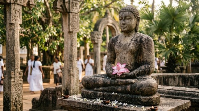 Stone statue with an offering lotus flower in Sri Lanka, spiritual heritage detail, peaceful temple culture and devotional symbolism, travel concept with strong commercial relevance, soft natural