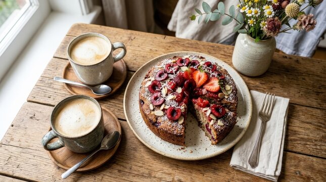 Close-up overhead view of a sugar free low carb cherry and strawberry cake made with coconut and almond flour, served on a table with two cups of white coffee, healthy homemade dessert concept,