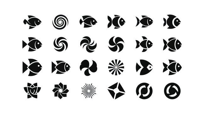 Black fish and spiral icon set