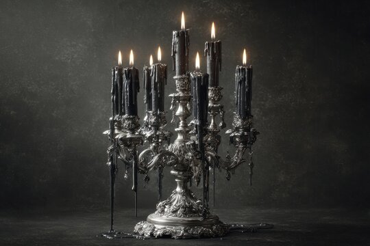 Gothic silver candelabra with burning black candles and dripping wax against a dark background.
