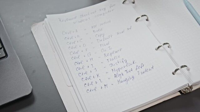Top view close up shot of open notebook on table in computer class with key shortcut combinations handwritten on page, copy space