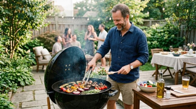 Man grilling vegetables on a backyard patio, outdoor cooking lifestyle scene with healthy food on the barbecue, summer gathering, home entertaining and leisure concept, casual atmosphere, natural