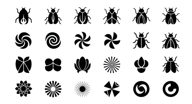 Black insect and abstract symbol set